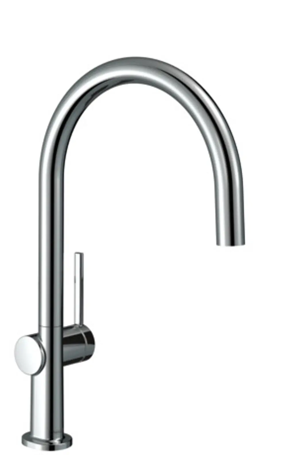 Heller Küchenwasserhahn mit gebogenem Auslauf und seitlichem Hebel. Der Mischer hat eine chromfarbene Oberfläche und ist von der Marke Hansgrohe.